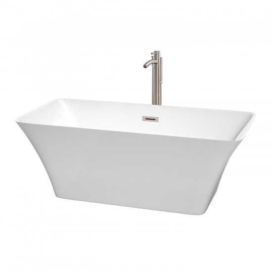 59 Inch Freestanding Bathtub in White, Floor Mounted Faucet, Drain, Trim in Nickel