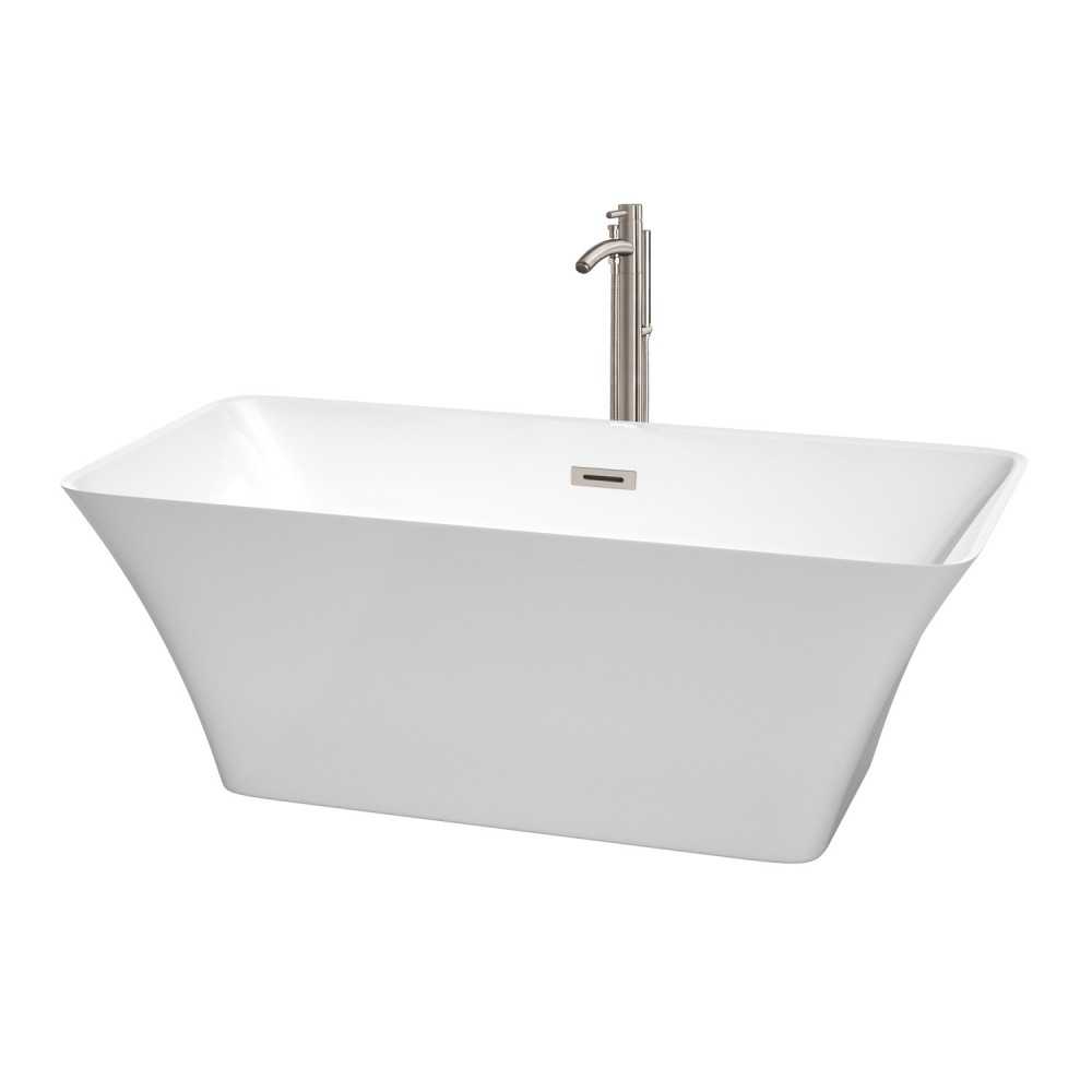 59 Inch Freestanding Bathtub in White, Floor Mounted Faucet, Drain, Trim in Nickel