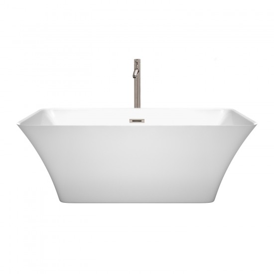 59 Inch Freestanding Bathtub in White, Floor Mounted Faucet, Drain, Trim in Nickel