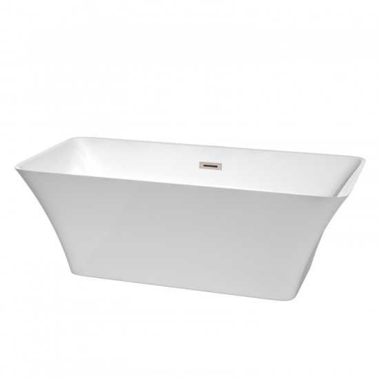 67 Inch Freestanding Bathtub in White, Brushed Nickel Drain and Overflow Trim