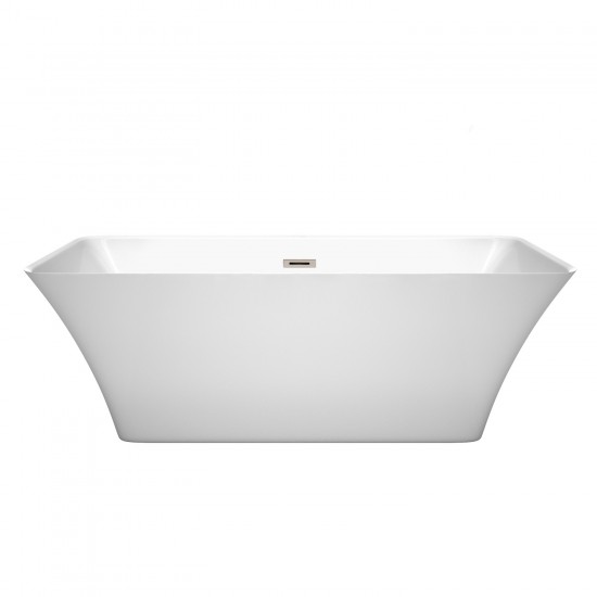 67 Inch Freestanding Bathtub in White, Brushed Nickel Drain and Overflow Trim