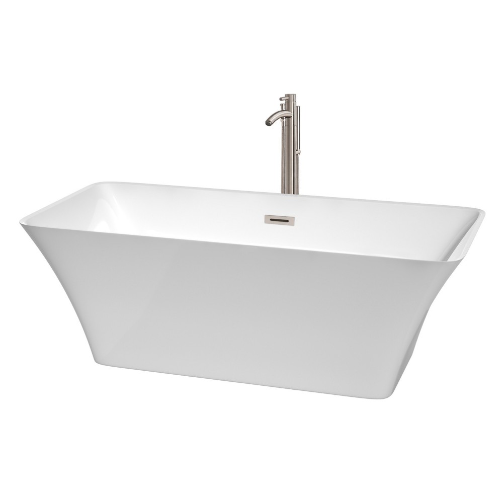 67 Inch Freestanding Bathtub in White, Floor Mounted Faucet, Drain, Trim in Nickel