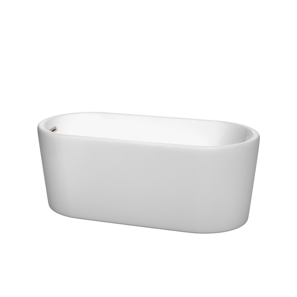 59 Inch Freestanding Bathtub in White, Brushed Nickel Drain and Overflow Trim