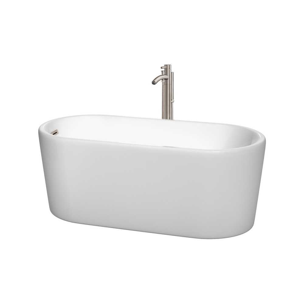 59 Inch Freestanding Bathtub in White, Floor Mounted Faucet, Drain, Trim in Nickel