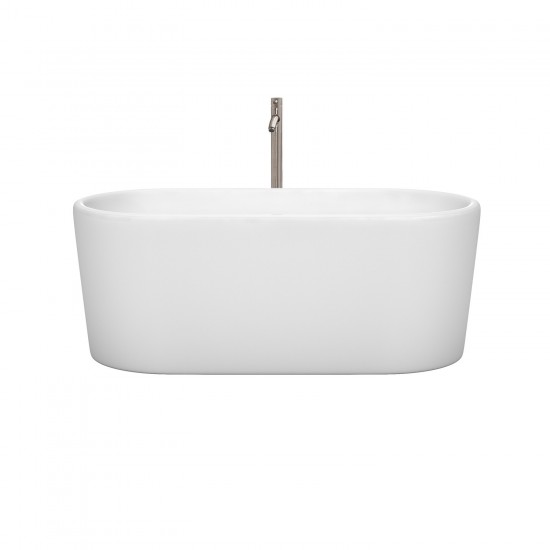 59 Inch Freestanding Bathtub in White, Floor Mounted Faucet, Drain, Trim in Nickel