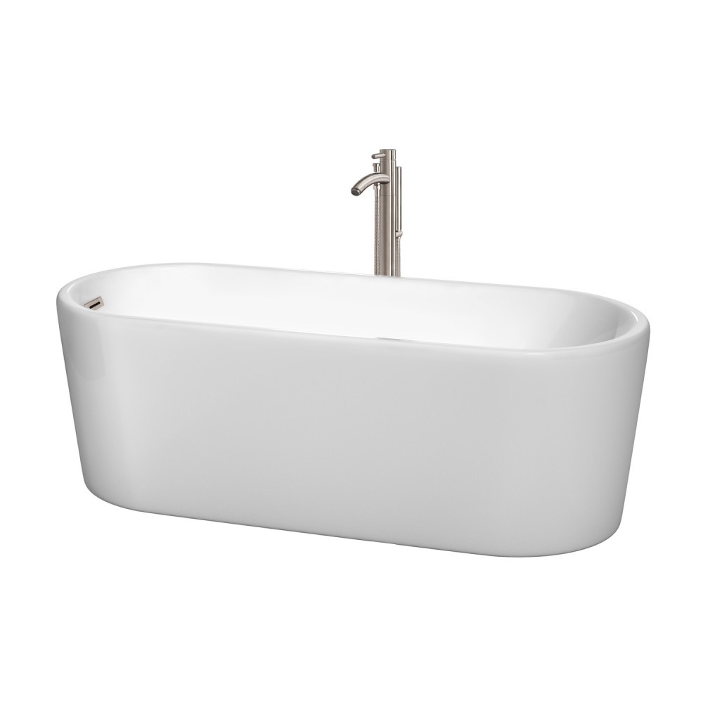 67 Inch Freestanding Bathtub in White, Floor Mounted Faucet, Drain, Trim in Nickel 67 Inch Freestanding Bathtub in White, Floor Mounted Faucet, Drain, Trim in Nickel