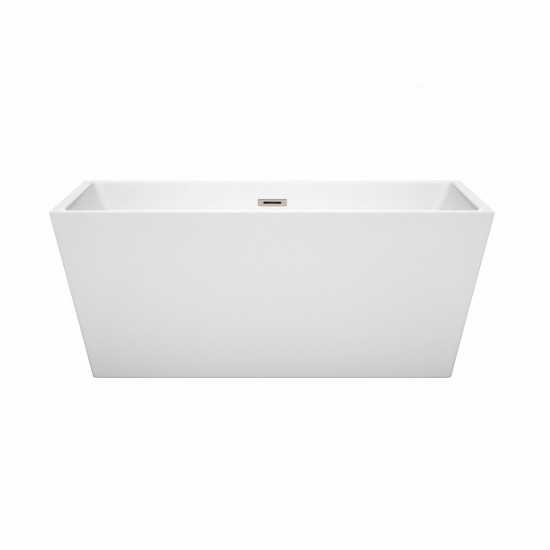 59 Inch Freestanding Bathtub in White, Brushed Nickel Drain and Overflow Trim