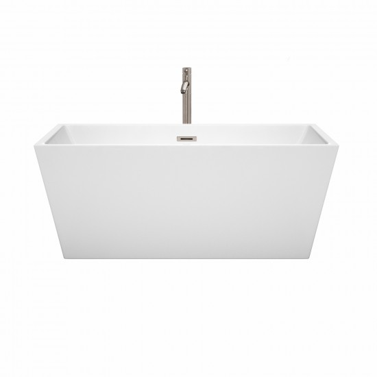 59 Inch Freestanding Bathtub in White, Floor Mounted Faucet, Drain, Trim in Nickel