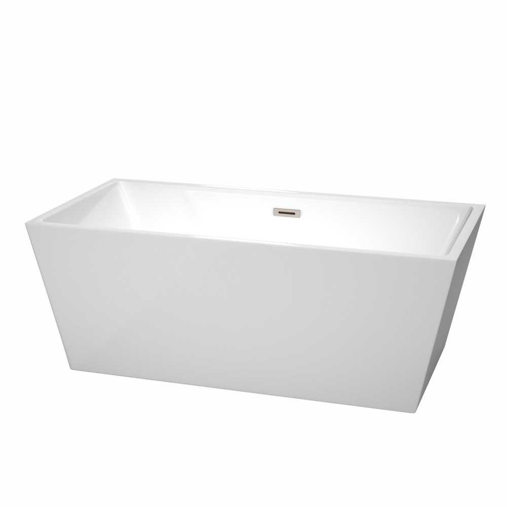 63 Inch Freestanding Bathtub in White, Brushed Nickel Drain and Overflow Trim