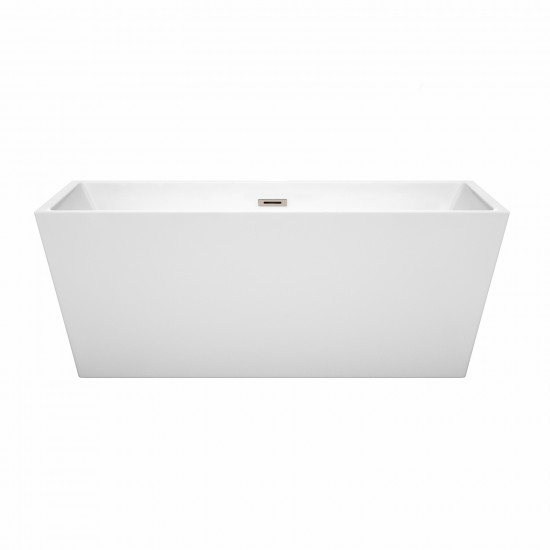 63 Inch Freestanding Bathtub in White, Brushed Nickel Drain and Overflow Trim