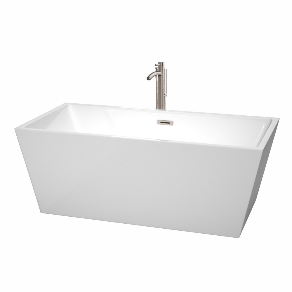 63 Inch Freestanding Bathtub in White, Floor Mounted Faucet, Drain, Trim in Nickel