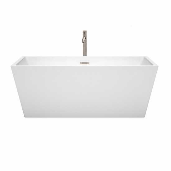 63 Inch Freestanding Bathtub in White, Floor Mounted Faucet, Drain, Trim in Nickel