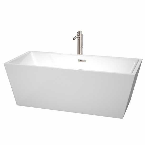 67 Inch Freestanding Bathtub in White, Floor Mounted Faucet, Drain, Trim in Nickel