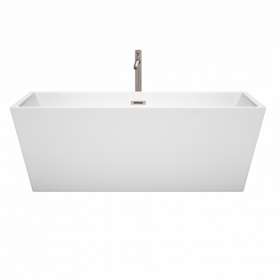 67 Inch Freestanding Bathtub in White, Floor Mounted Faucet, Drain, Trim in Nickel