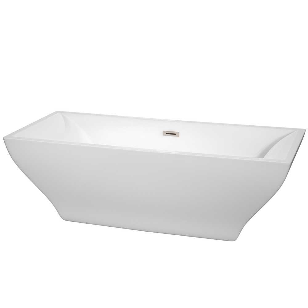 71 Inch Freestanding Bathtub in White, Brushed Nickel Drain and Overflow Trim