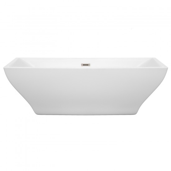 71 Inch Freestanding Bathtub in White, Brushed Nickel Drain and Overflow Trim