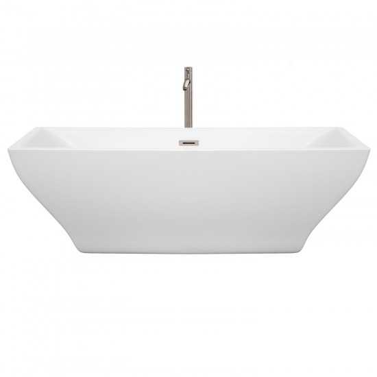 71 Inch Freestanding Bathtub in White, Floor Mounted Faucet, Drain, Trim in Nickel