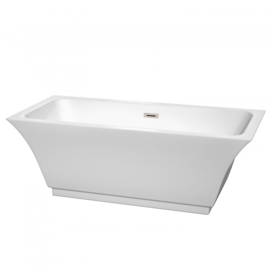 67 Inch Freestanding Bathtub in White, Brushed Nickel Drain and Overflow Trim