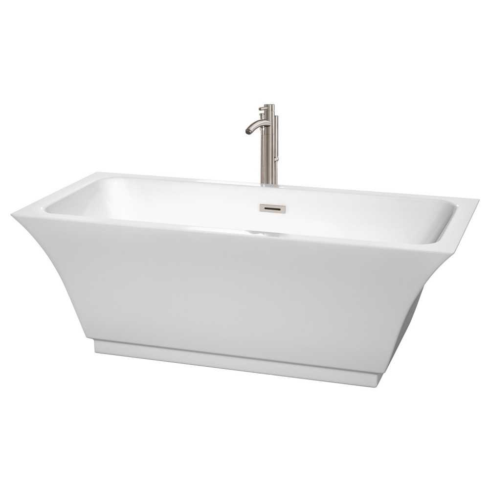 67 Inch Freestanding Bathtub in White, Floor Mounted Faucet, Drain, Trim in Nickel 67 Inch Freestanding Bathtub in White, Floor Mounted Faucet, Drain, Trim in Nickel