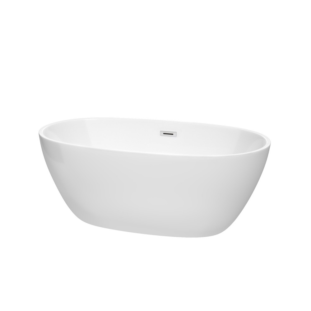 59 Inch Freestanding Bathtub in White, Polished Chrome Drain and Overflow Trim