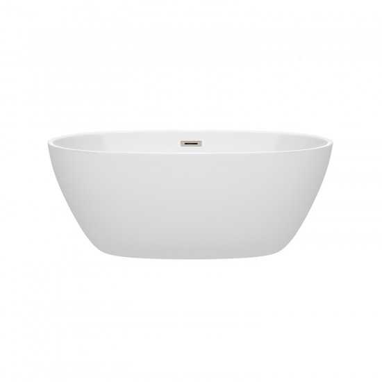 59 Inch Freestanding Bathtub in White, Brushed Nickel Drain and Overflow Trim