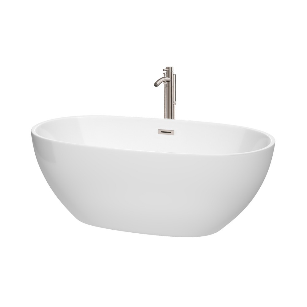 63 Inch Freestanding Bathtub in White, Floor Mounted Faucet, Drain, Trim in Nickel