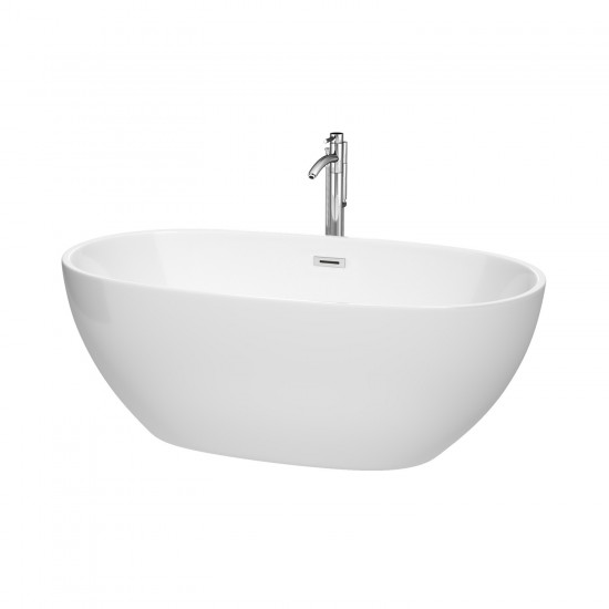 63 Inch Freestanding Bathtub in White, Floor Mounted Faucet, Drain, Trim in Chrome