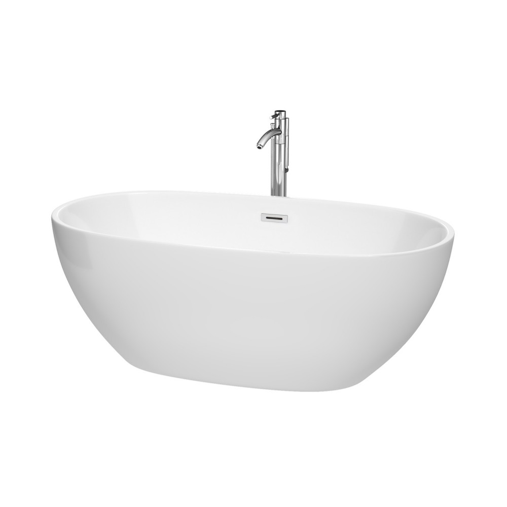 63 Inch Freestanding Bathtub in White, Floor Mounted Faucet, Drain, Trim in Chrome