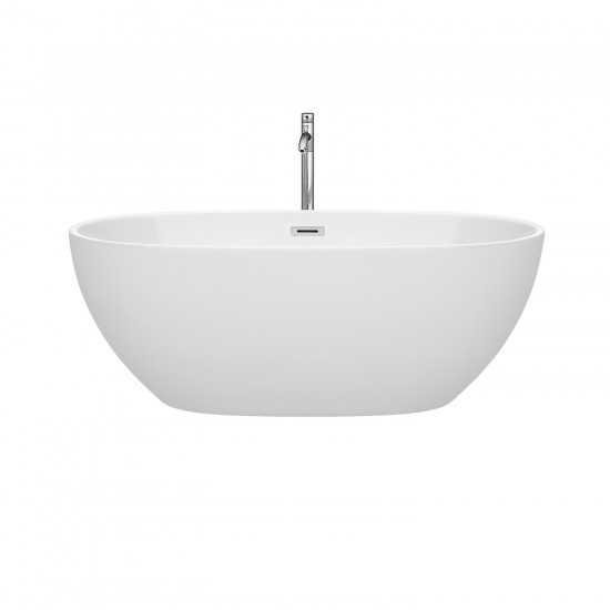 63 Inch Freestanding Bathtub in White, Floor Mounted Faucet, Drain, Trim in Chrome