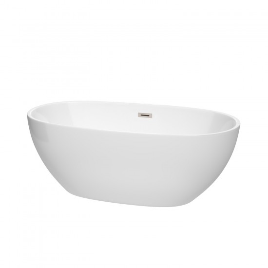 63 Inch Freestanding Bathtub in White, Brushed Nickel Drain and Overflow Trim