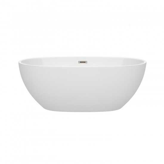 63 Inch Freestanding Bathtub in White, Brushed Nickel Drain and Overflow Trim