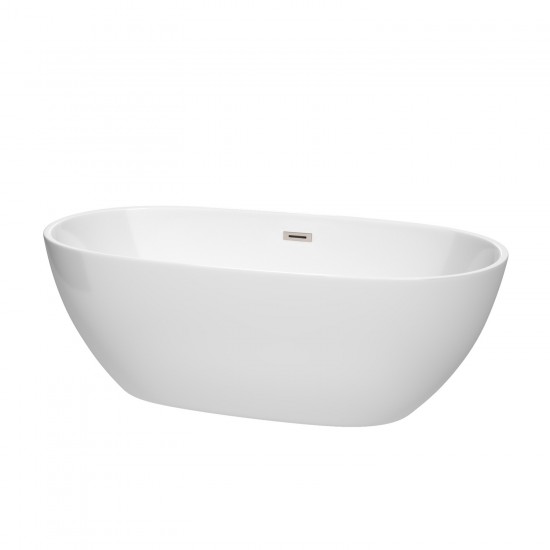 67 Inch Freestanding Bathtub in White, Brushed Nickel Drain and Overflow Trim