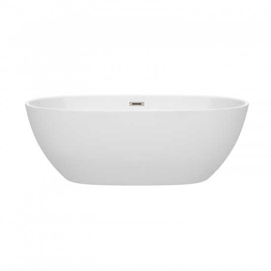 67 Inch Freestanding Bathtub in White, Brushed Nickel Drain and Overflow Trim