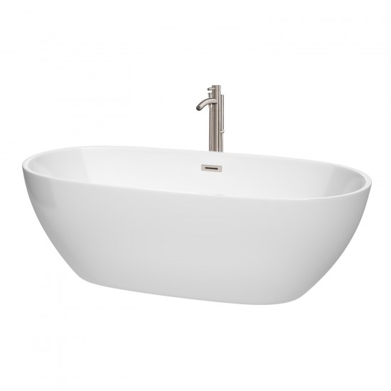 71 Inch Freestanding Bathtub in White, Floor Mounted Faucet, Drain, Trim in Nickel