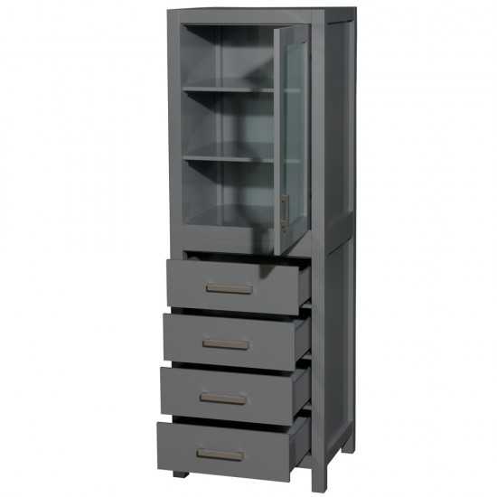 24 Inch Linen Tower in Dark Gray, Shelved Cabinet Storage and 4 Drawers