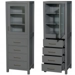 24 Inch Linen Tower in Dark Gray, Shelved Cabinet Storage and 4 Drawers