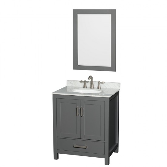 30 Inch Single Bathroom Vanity in Dark Gray, White Carrara Marble Countertop, Oval Sink, 24 Inch Mirror