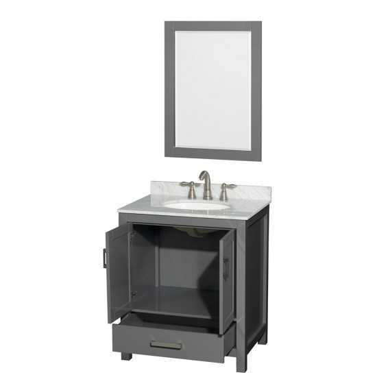 30 Inch Single Bathroom Vanity in Dark Gray, White Carrara Marble Countertop, Oval Sink, 24 Inch Mirror