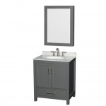 30 Inch Single Bathroom Vanity in Dark Gray, White Carrara Marble Countertop, Oval Sink, Medicine Cabinet