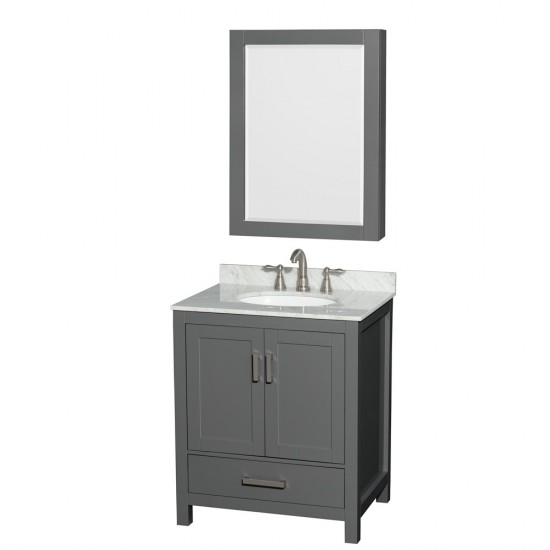 30 Inch Single Bathroom Vanity in Dark Gray, White Carrara Marble Countertop, Oval Sink, Medicine Cabinet