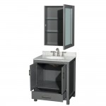 30 Inch Single Bathroom Vanity in Dark Gray, White Carrara Marble Countertop, Oval Sink, Medicine Cabinet