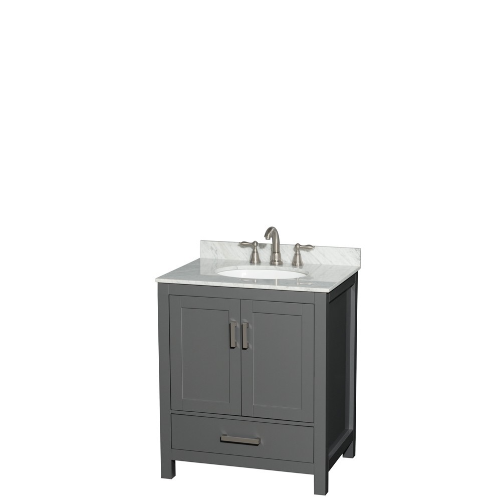 30 Inch Single Bathroom Vanity in Dark Gray, White Carrara Marble Countertop, Oval Sink, No Mirror