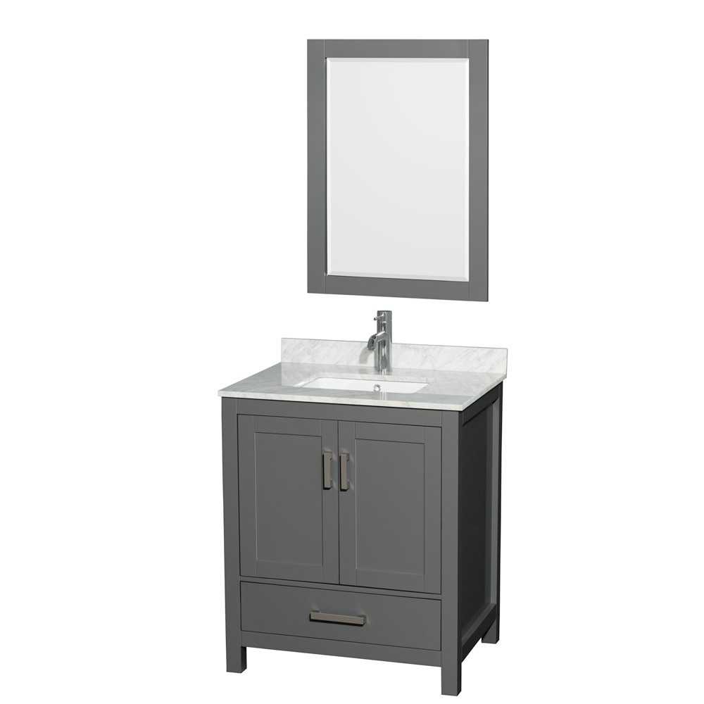 30 Inch Single Bathroom Vanity in Dark Gray, White Carrara Marble Countertop, Sink, 24 Inch Mirror