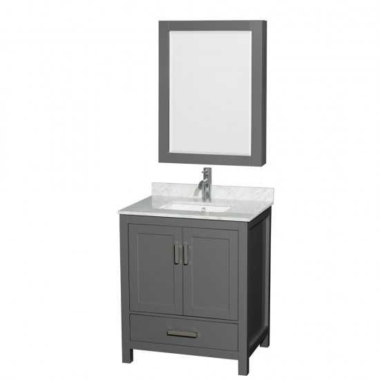 30 Inch Single Bathroom Vanity in Dark Gray, White Carrara Marble Countertop, Sink, Medicine Cabinet