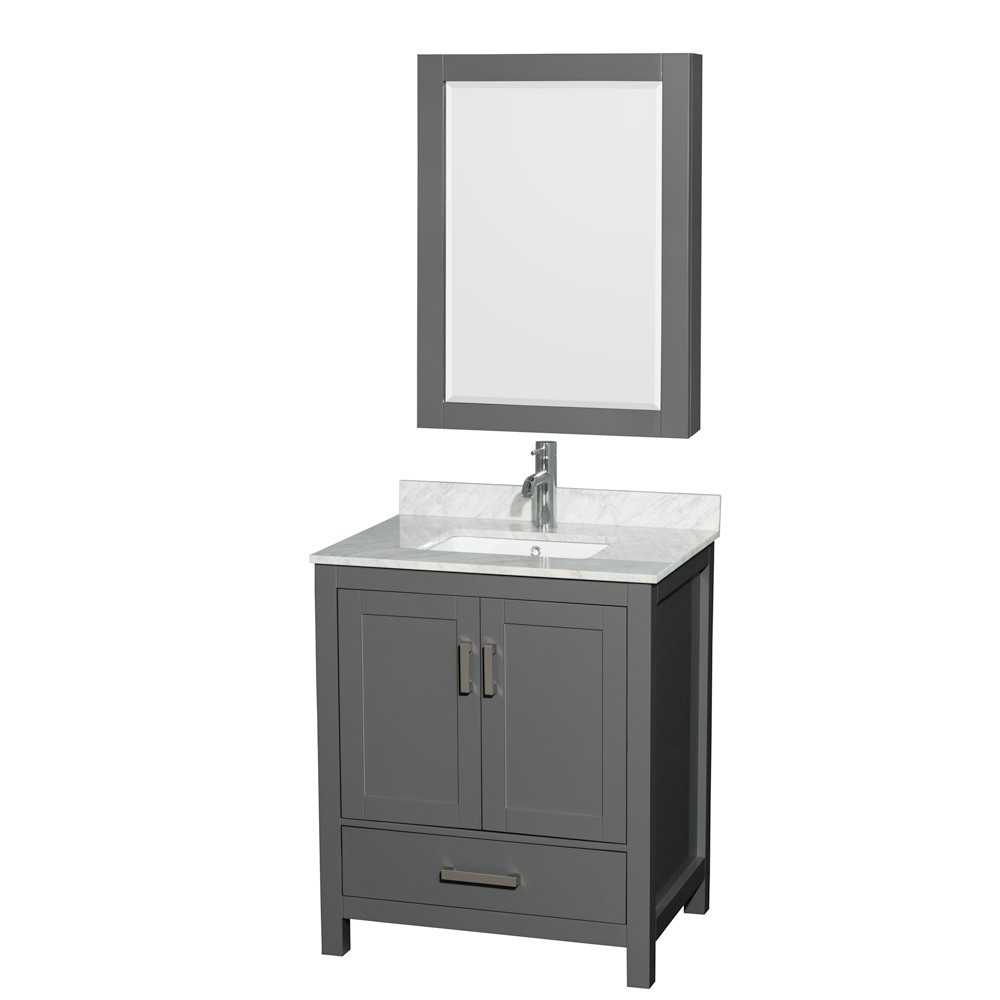 30 Inch Single Bathroom Vanity in Dark Gray, White Carrara Marble Countertop, Sink, Medicine Cabinet