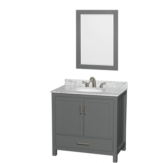 36 Inch Single Bathroom Vanity in Dark Gray, White Carrara Marble Countertop, Oval Sink, 24 Inch Mirror