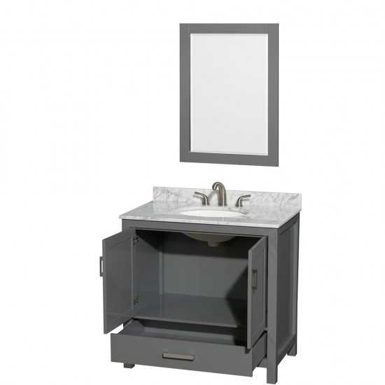 36 Inch Single Bathroom Vanity in Dark Gray, White Carrara Marble Countertop, Oval Sink, 24 Inch Mirror