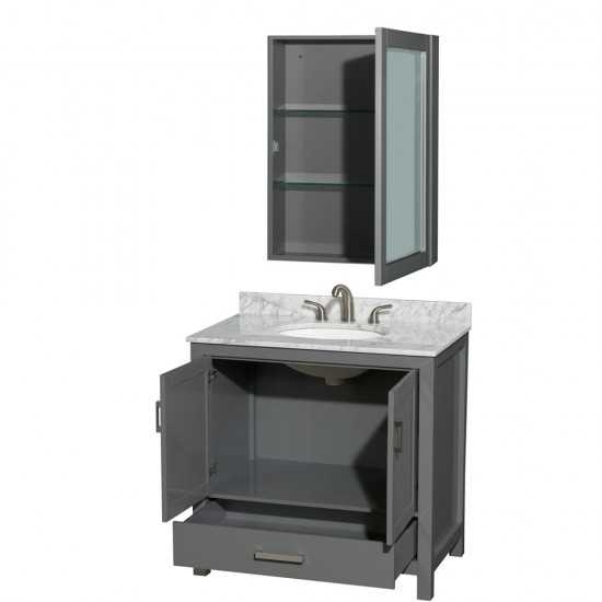 36 Inch Single Bathroom Vanity in Dark Gray, White Carrara Marble Countertop, Oval Sink, Medicine Cabinet