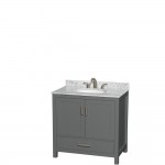 36 Inch Single Bathroom Vanity in Dark Gray, White Carrara Marble Countertop, Oval Sink, No Mirror