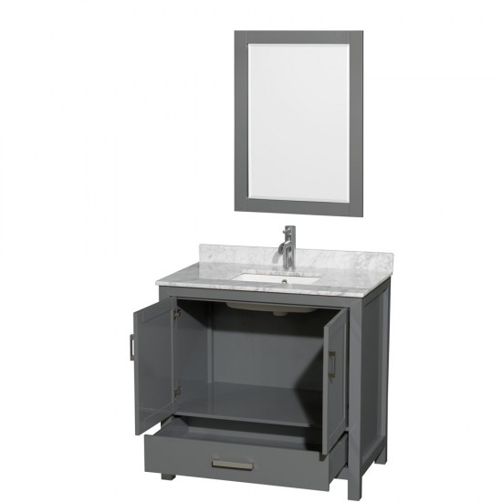 36 Inch Single Bathroom Vanity in Dark Gray, White Carrara Marble Countertop, Sink, 24 Inch Mirror
